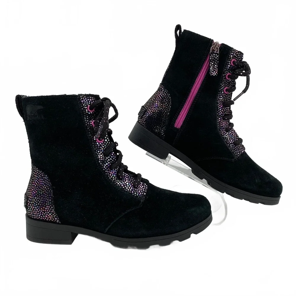 Sorel Black Pink Sparkle Lace-Up Boots | Kids' Leather Combat 5